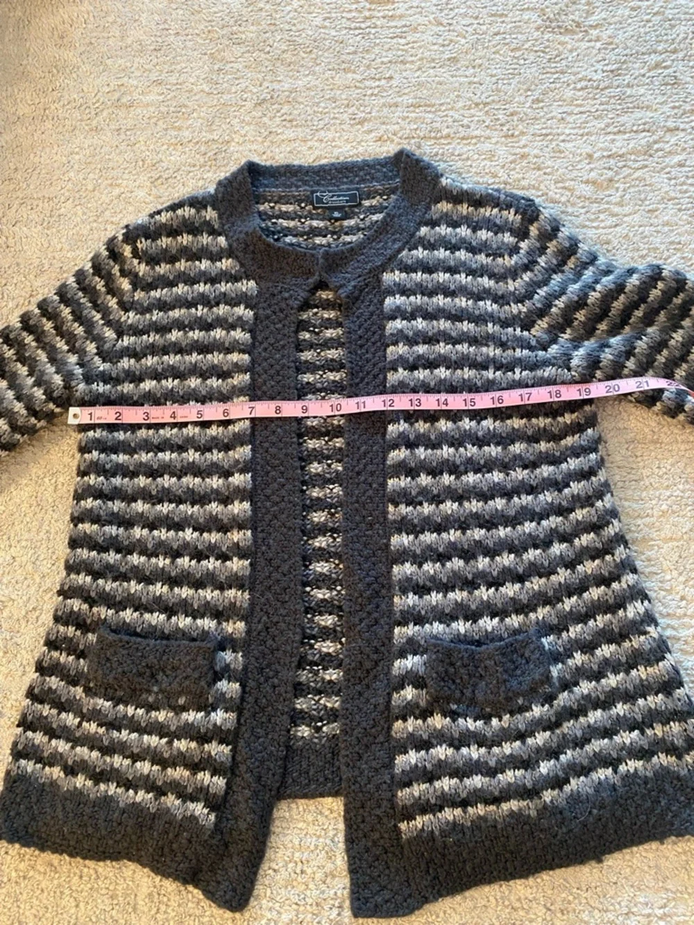 Collection Dress Barn Striped Knit Open Cardigan in Charcoal and Light Gray - XL